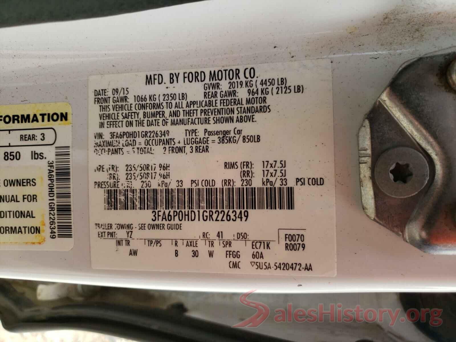 3FA6P0HD1GR226349 2016 FORD FUSION