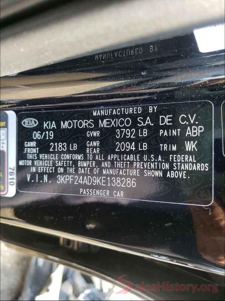 3KPF24AD9KE138286 2019 KIA FORTE