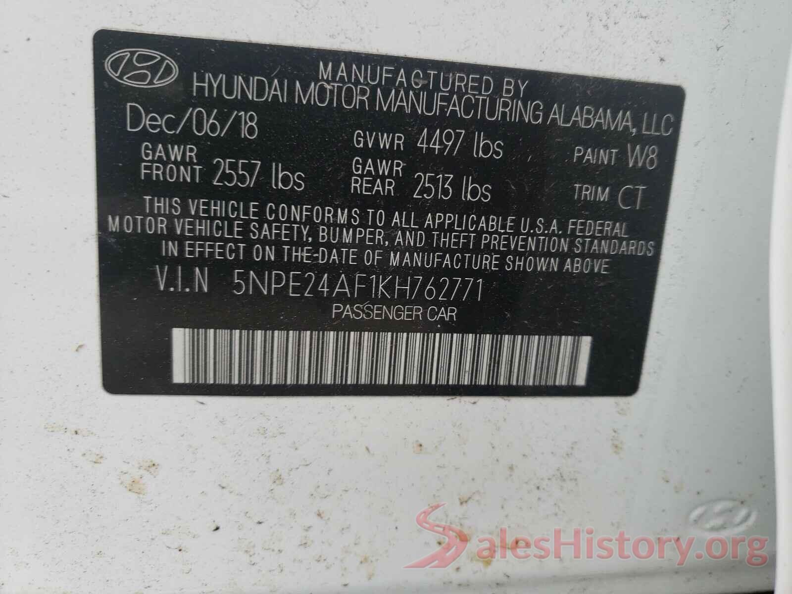 5NPE24AF1KH762771 2019 HYUNDAI SONATA