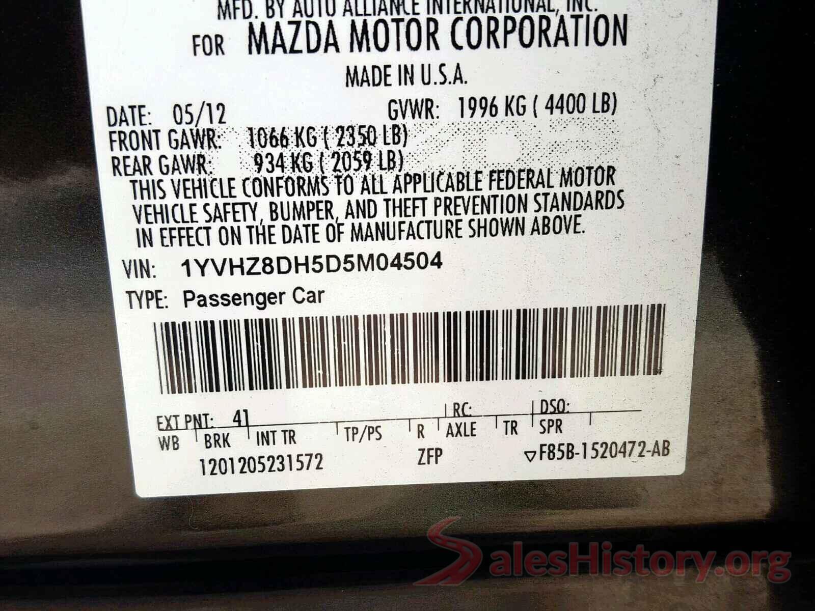 1YVHZ8DH5D5M04504 2013 MAZDA 6