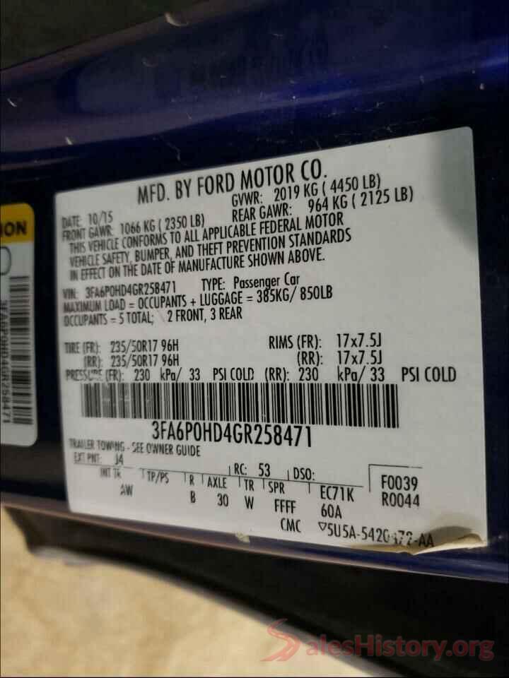 3FA6P0HD4GR258471 2016 FORD FUSION