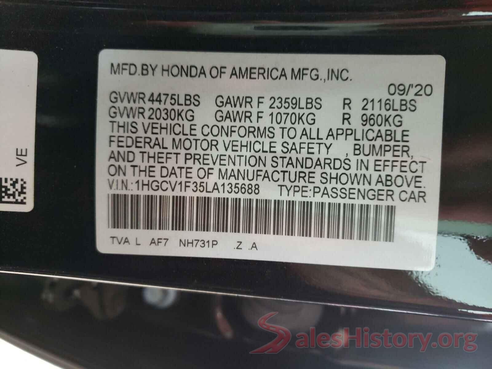 1HGCV1F35LA135688 2020 HONDA ACCORD