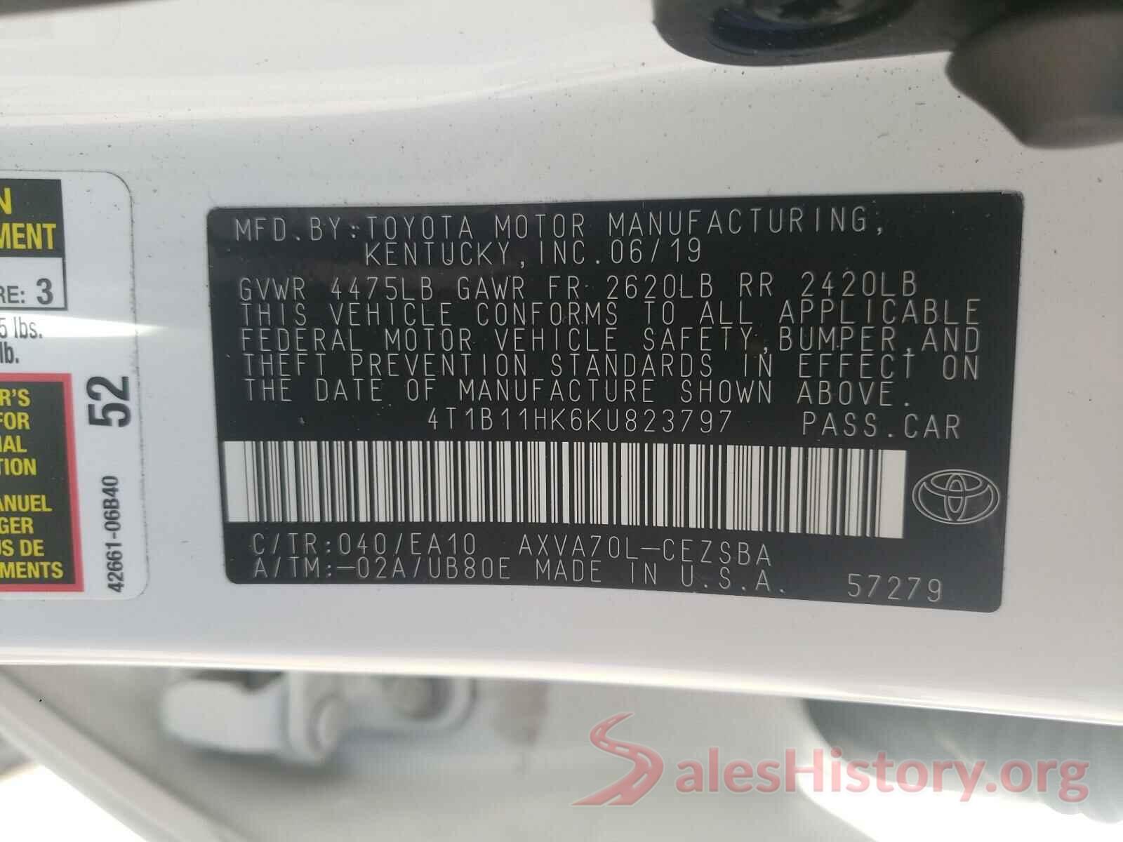 4T1B11HK6KU823797 2019 TOYOTA CAMRY