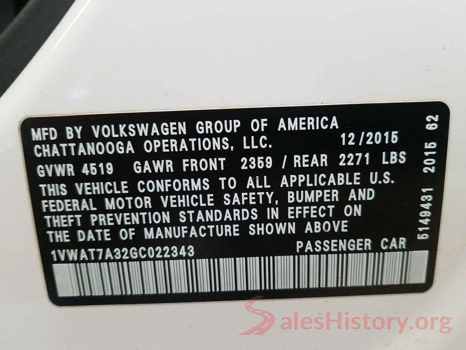 1VWAT7A32GC022343 2016 VOLKSWAGEN PASSAT