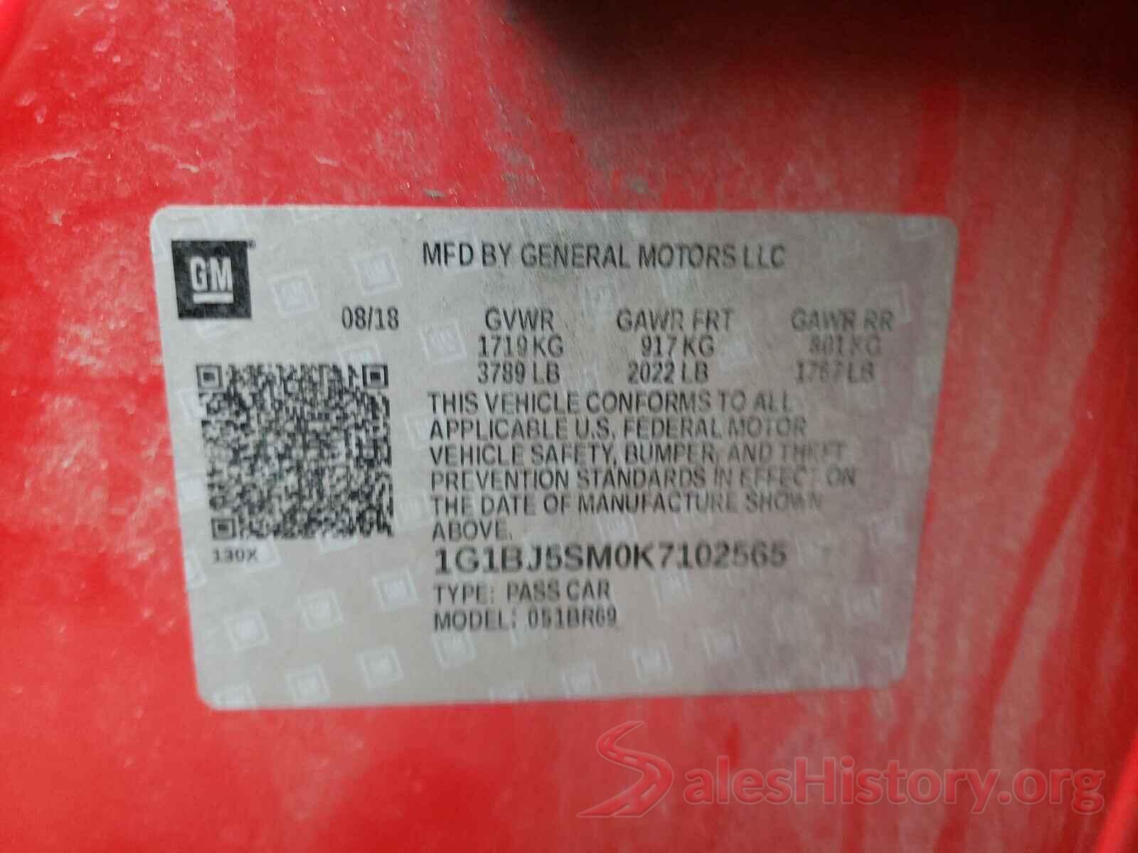 1G1BJ5SM0K7102565 2019 CHEVROLET CRUZE