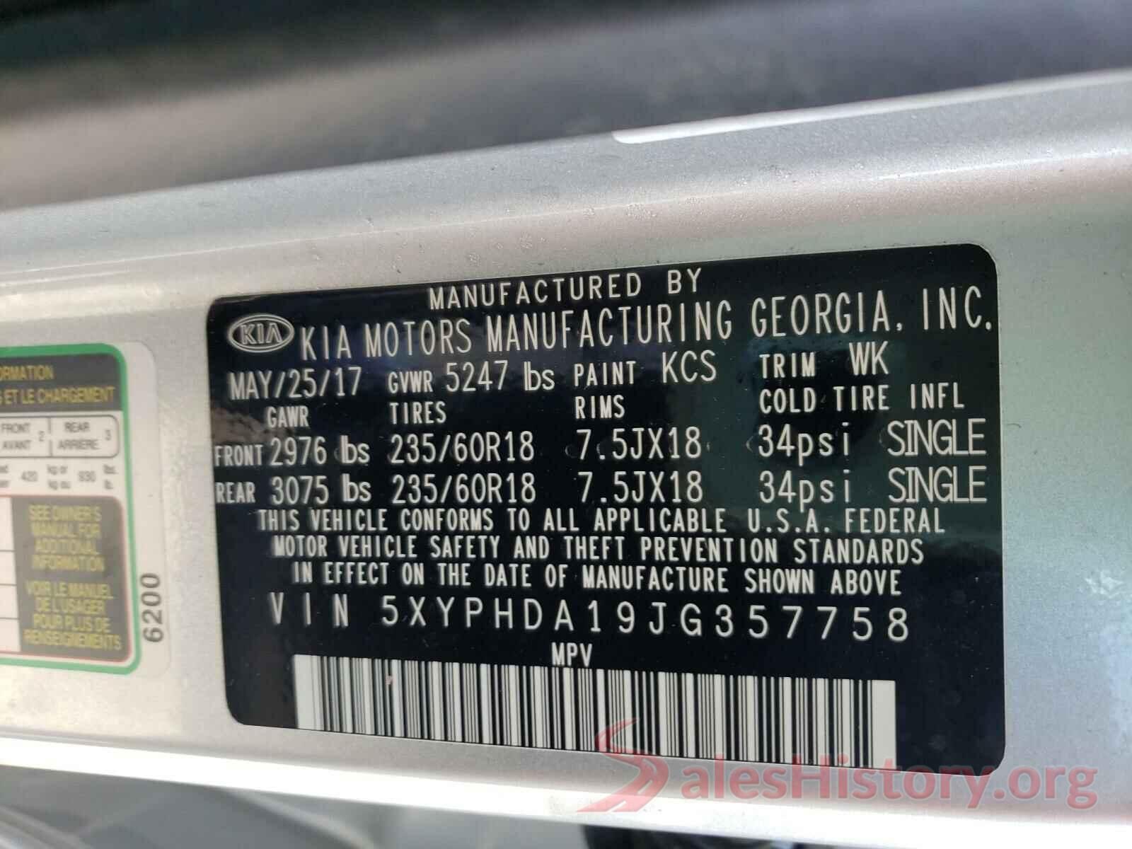 5XYPHDA19JG357758 2018 KIA SORENTO