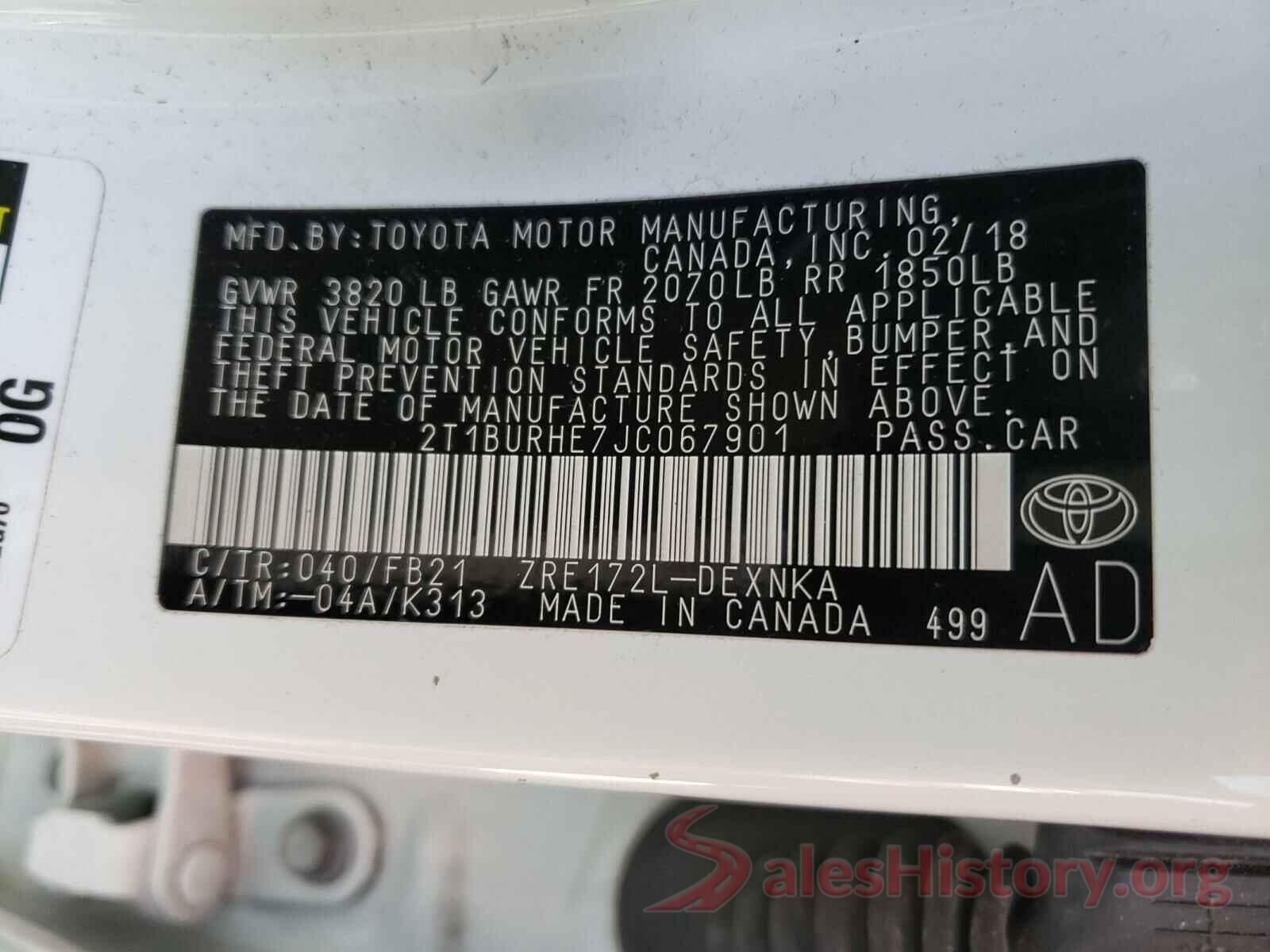 2T1BURHE7JC067901 2018 TOYOTA COROLLA