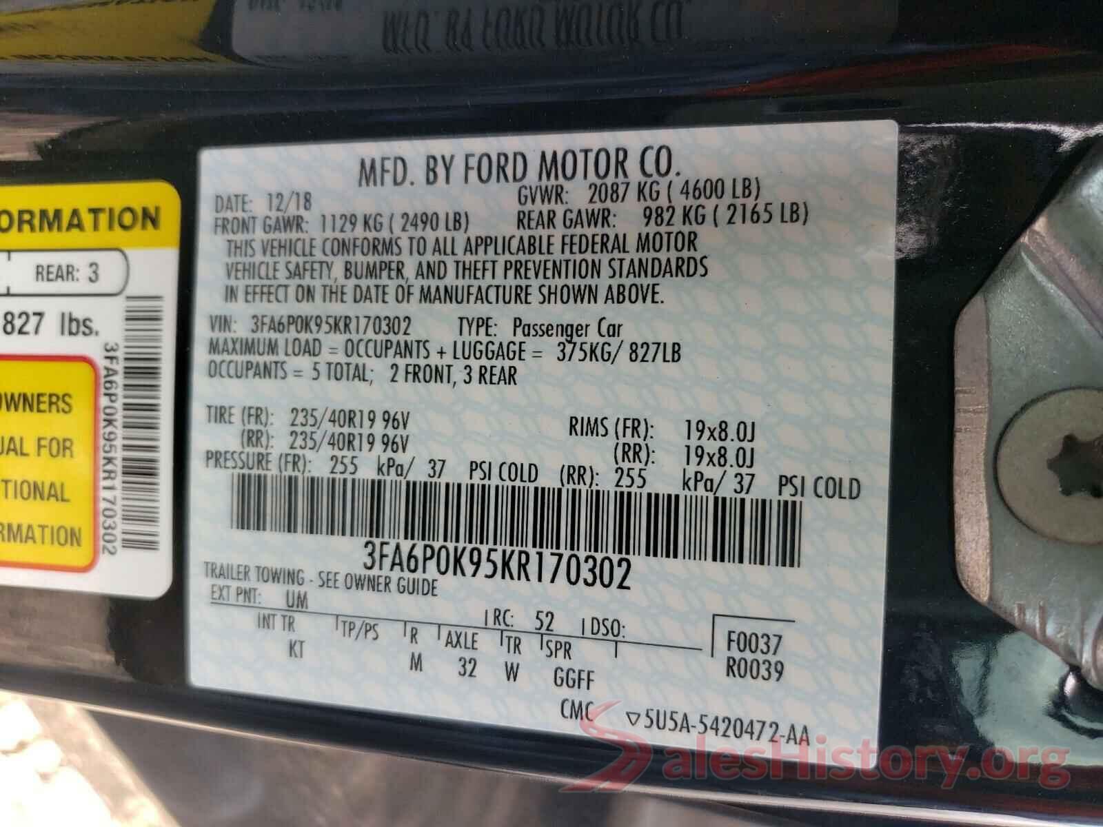 3FA6P0K95KR170302 2019 FORD FUSION