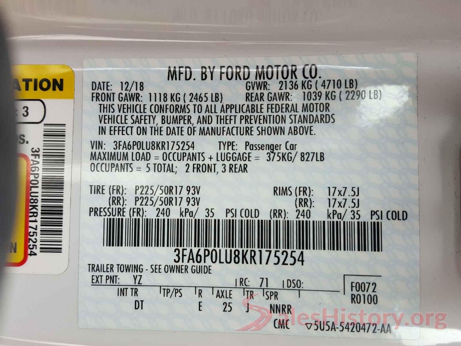 3FA6P0LU8KR175254 2019 FORD FUSION