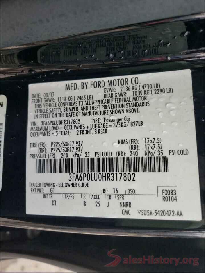 3FA6P0LU0HR317802 2017 FORD FUSION