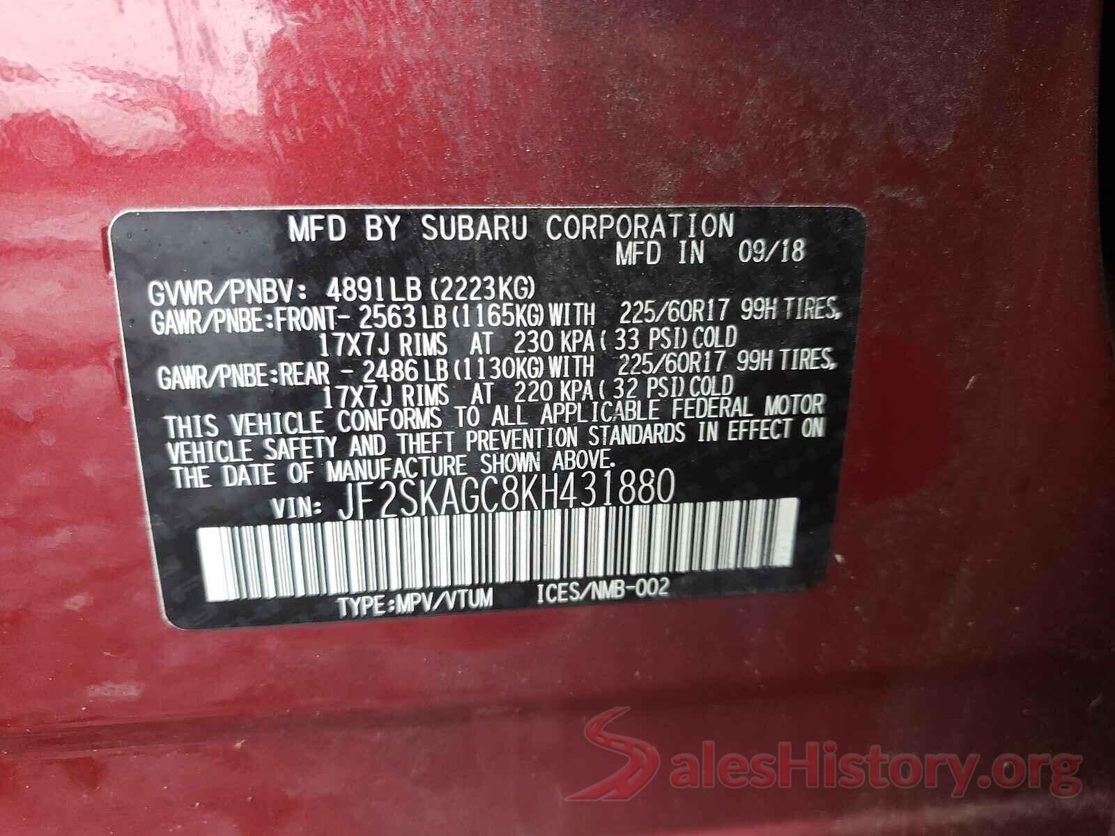 JF2SKAGC8KH431880 2019 SUBARU FORESTER