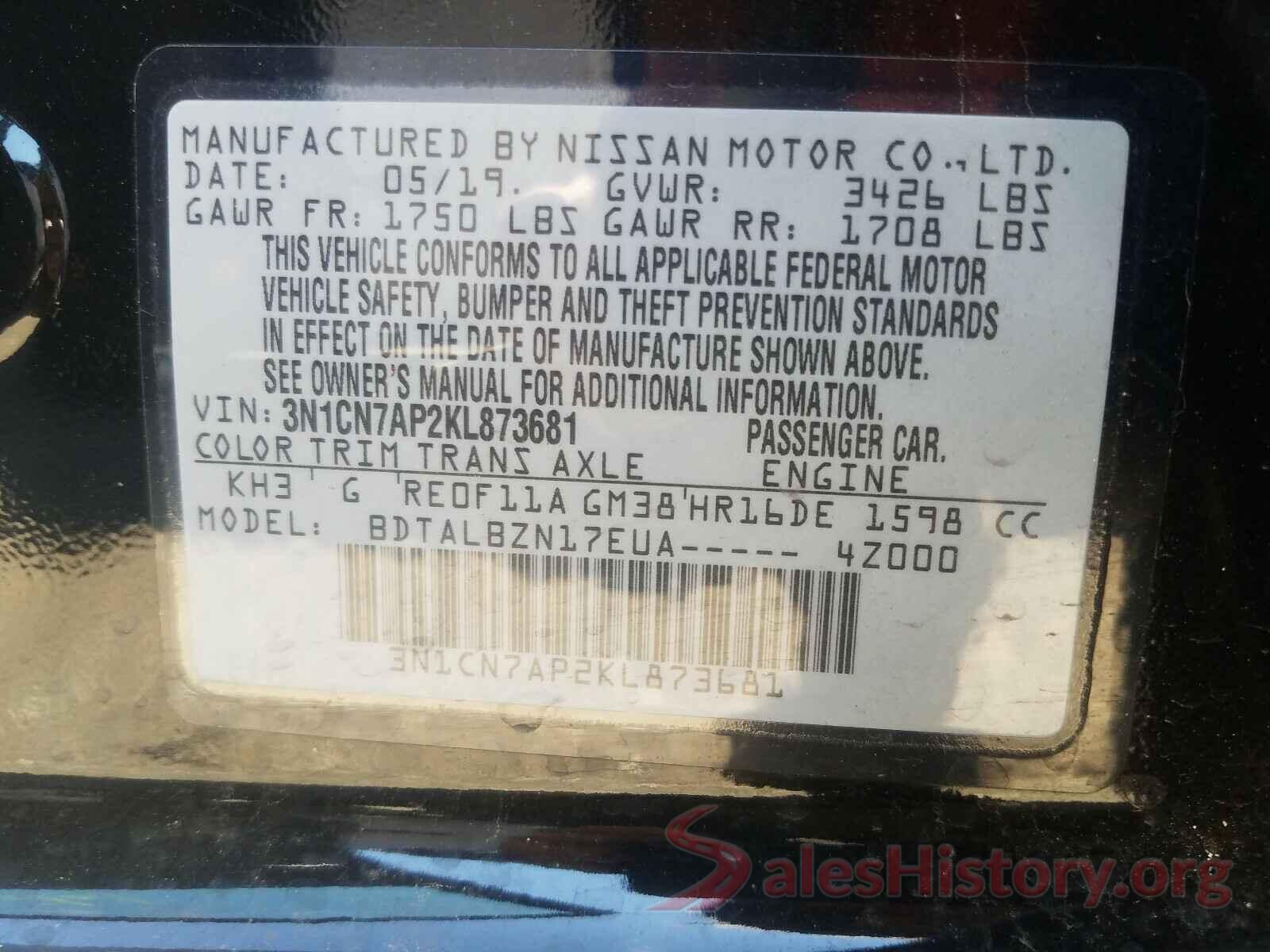 3N1CN7AP2KL873681 2019 NISSAN VERSA