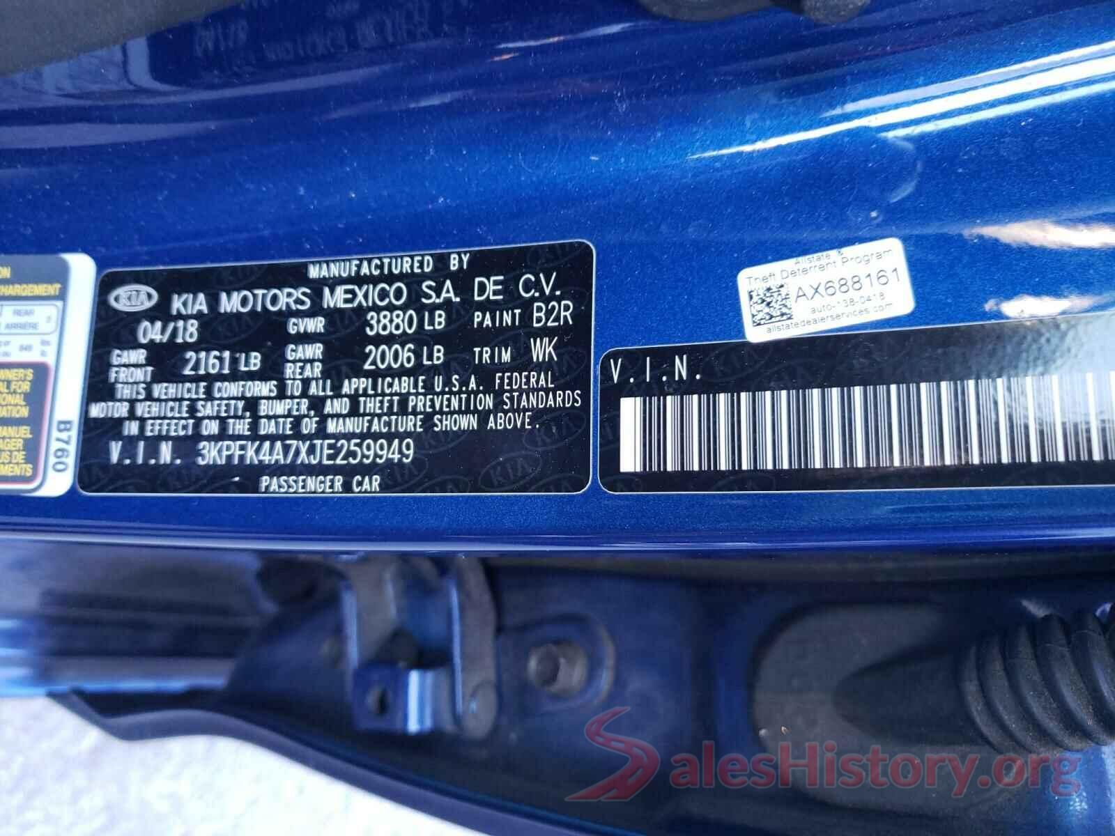 3KPFK4A7XJE259949 2018 KIA FORTE