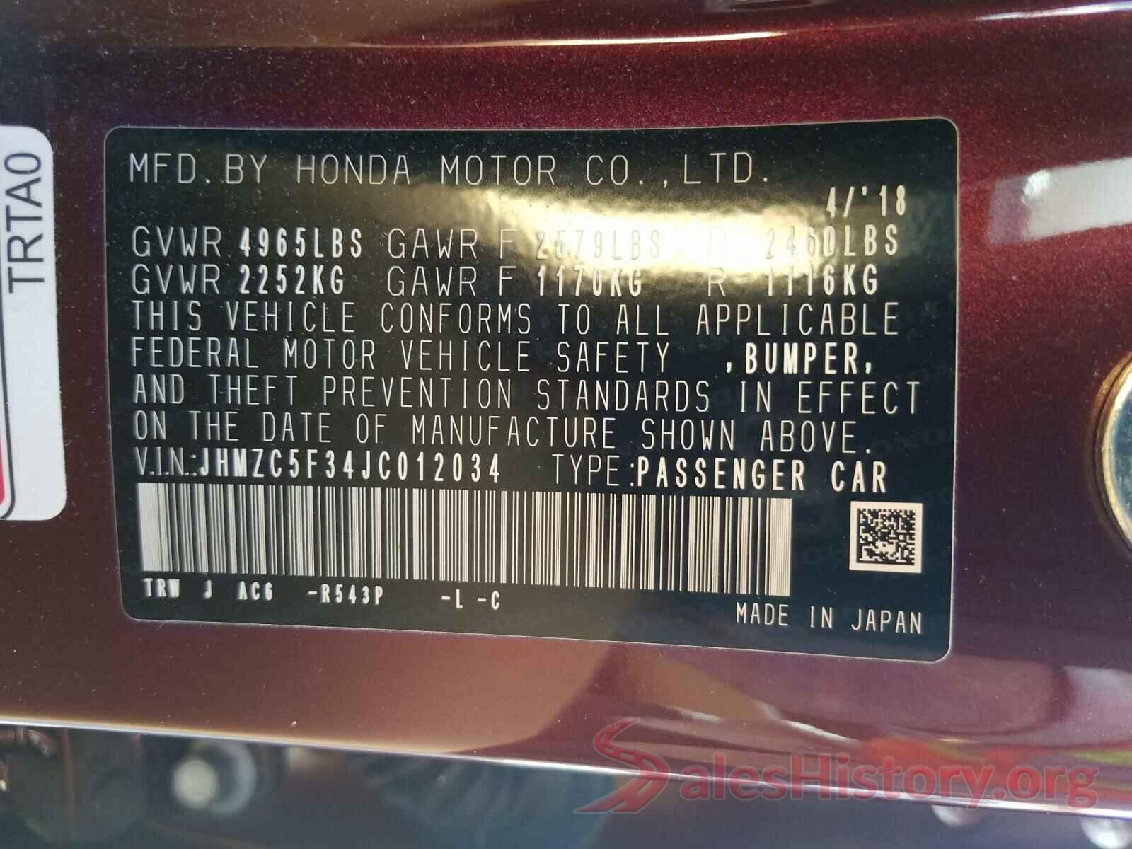 JHMZC5F34JC012034 2018 HONDA CLARITY