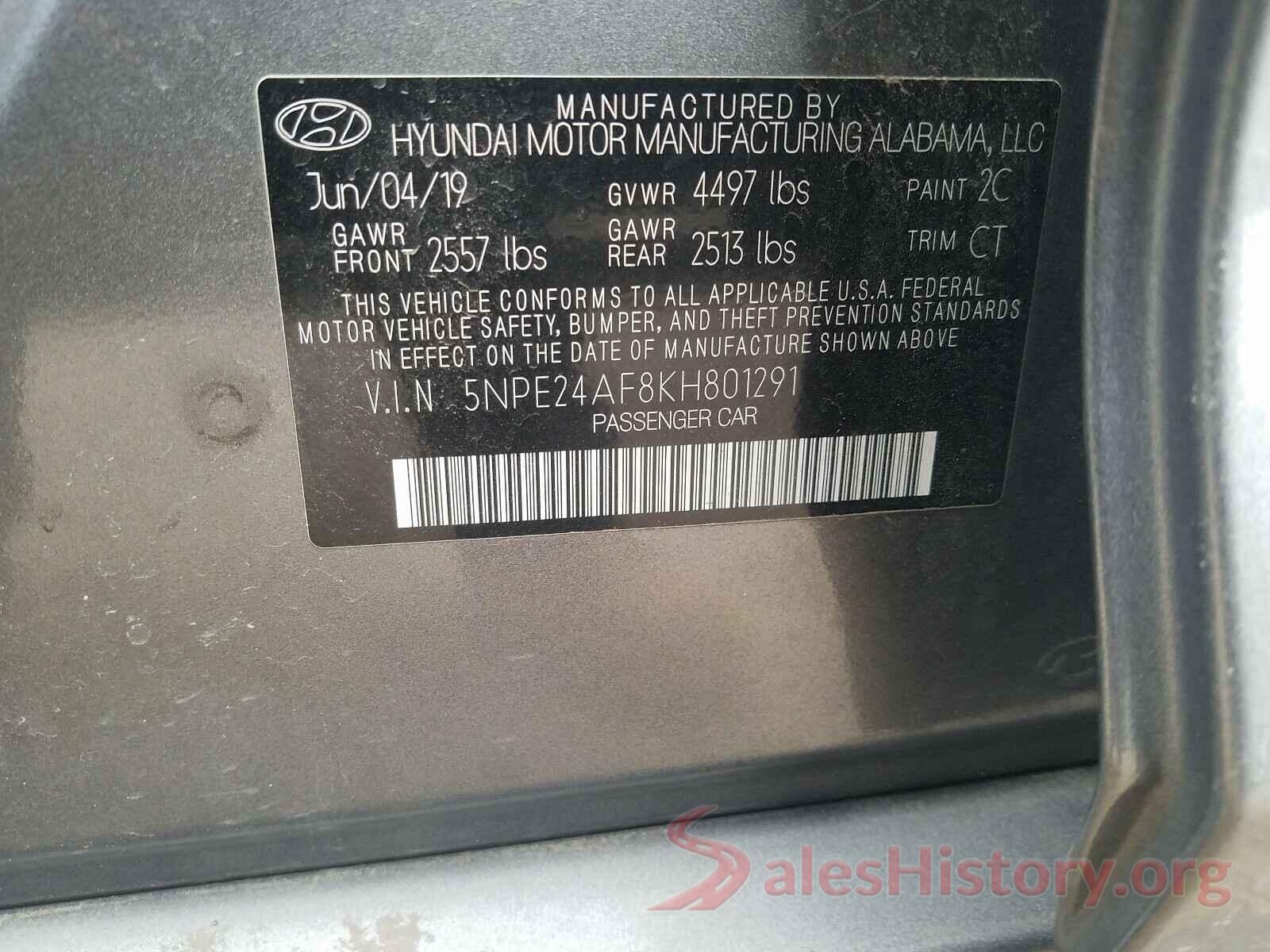 5NPE24AF8KH801291 2019 HYUNDAI SONATA