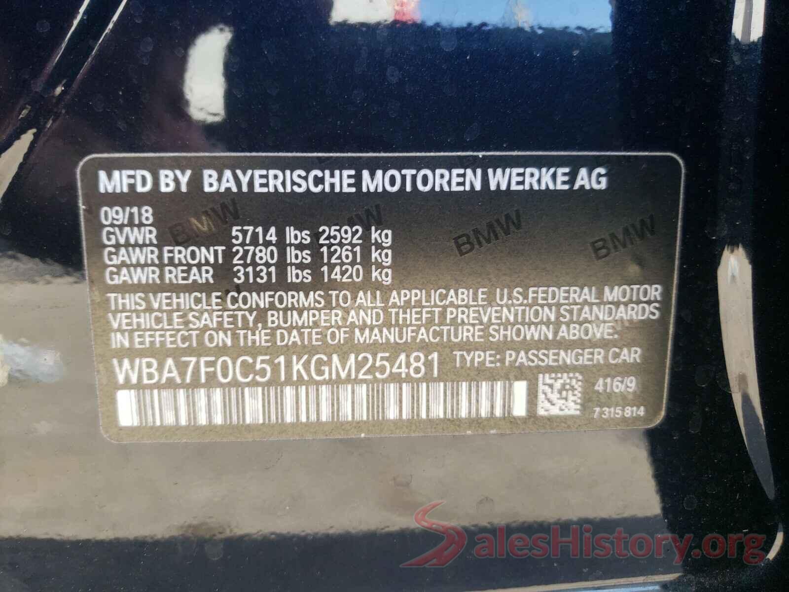 WBA7F0C51KGM25481 2019 BMW 7 SERIES