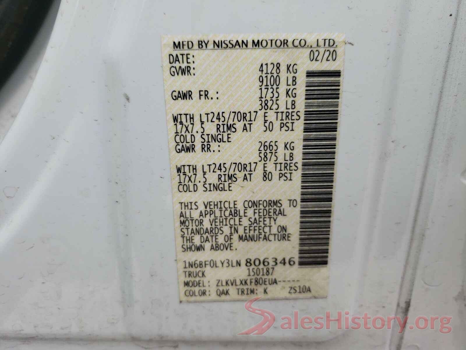 1N6BF0LY3LN806346 2020 NISSAN NV