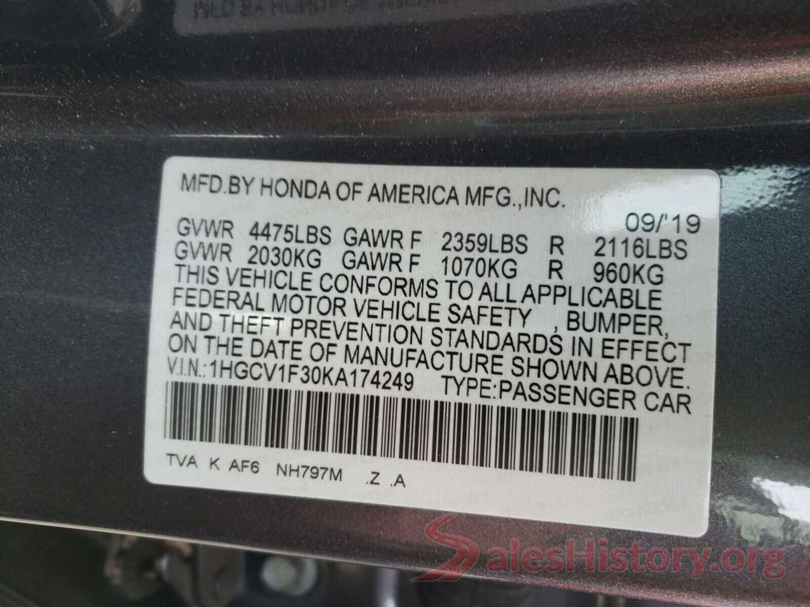 1HGCV1F30KA174249 2019 HONDA ACCORD