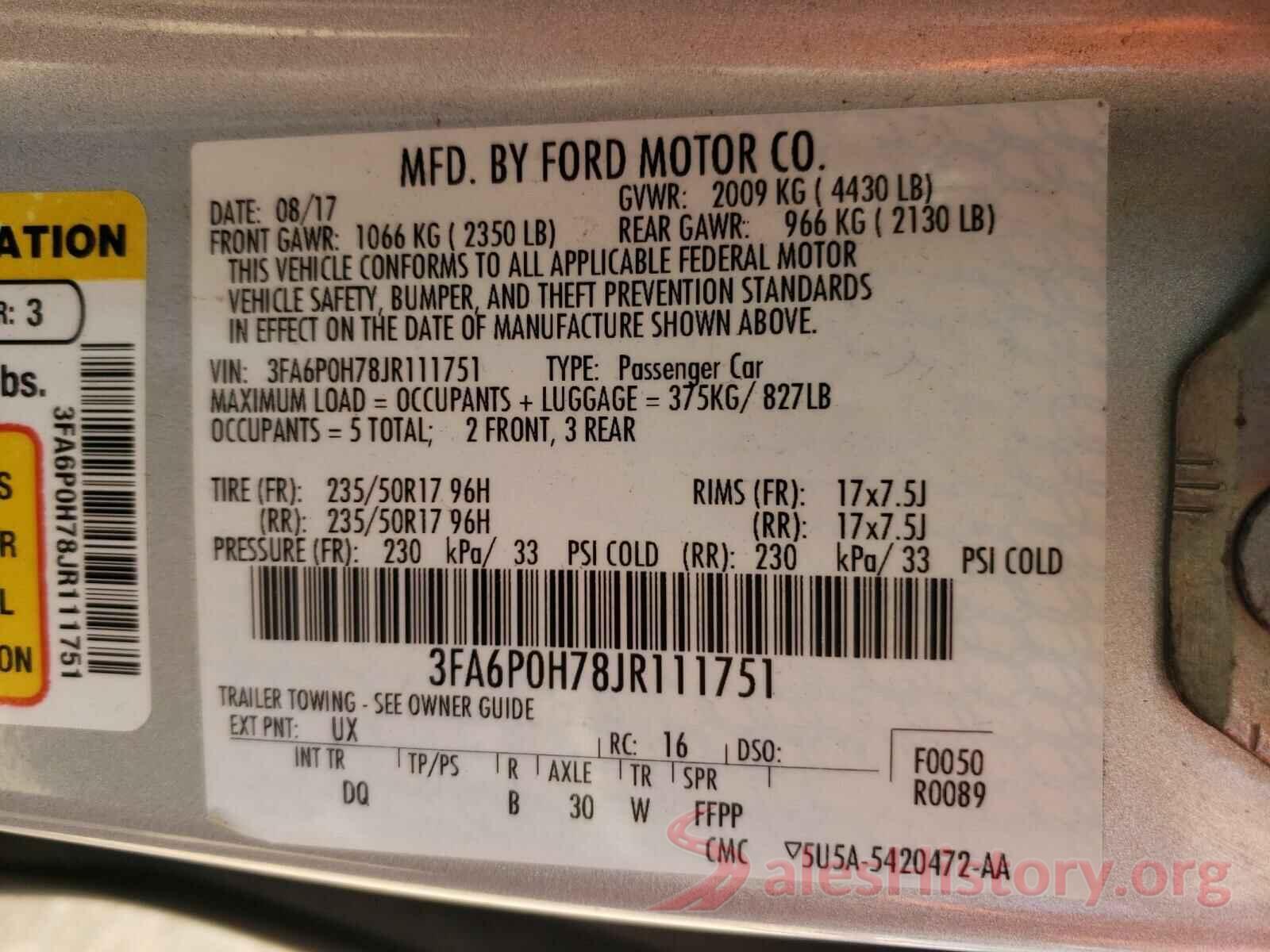 3FA6P0H78JR111751 2018 FORD FUSION