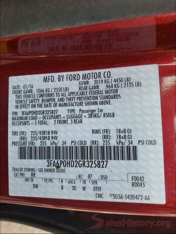 3FA6P0HD2GR325827 2016 FORD FUSION