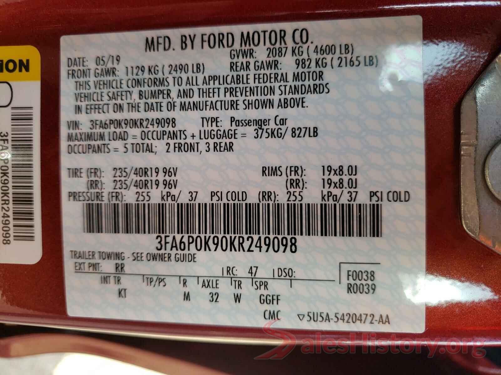 3FA6P0K90KR249098 2019 FORD FUSION