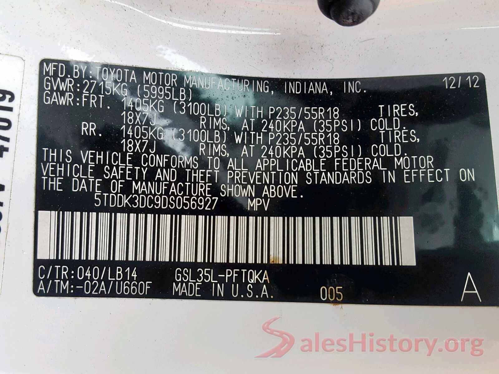 5TDDK3DC9DS056927 2013 TOYOTA SIENNA XLE