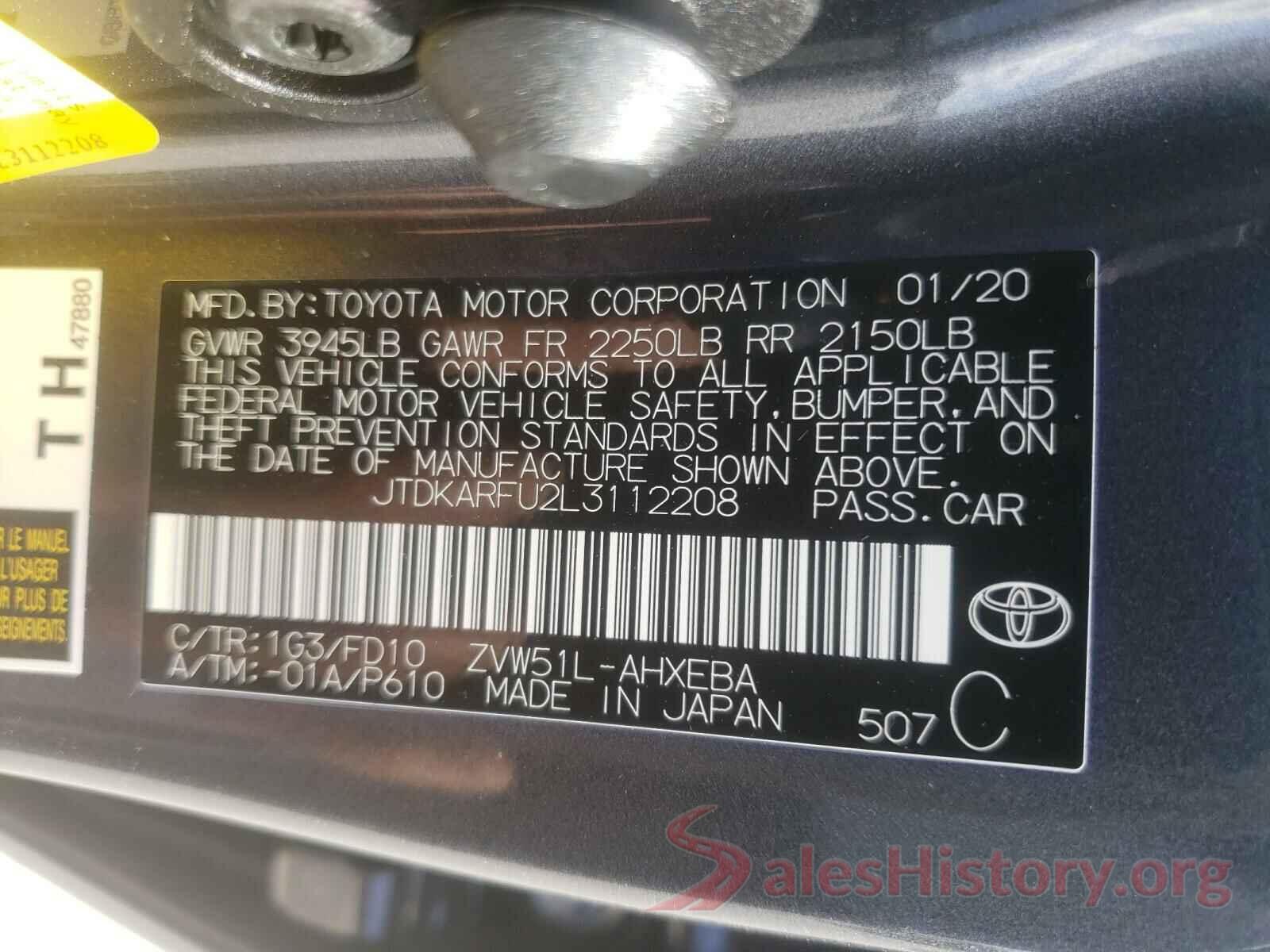 JTDKARFU2L3112208 2020 TOYOTA PRIUS