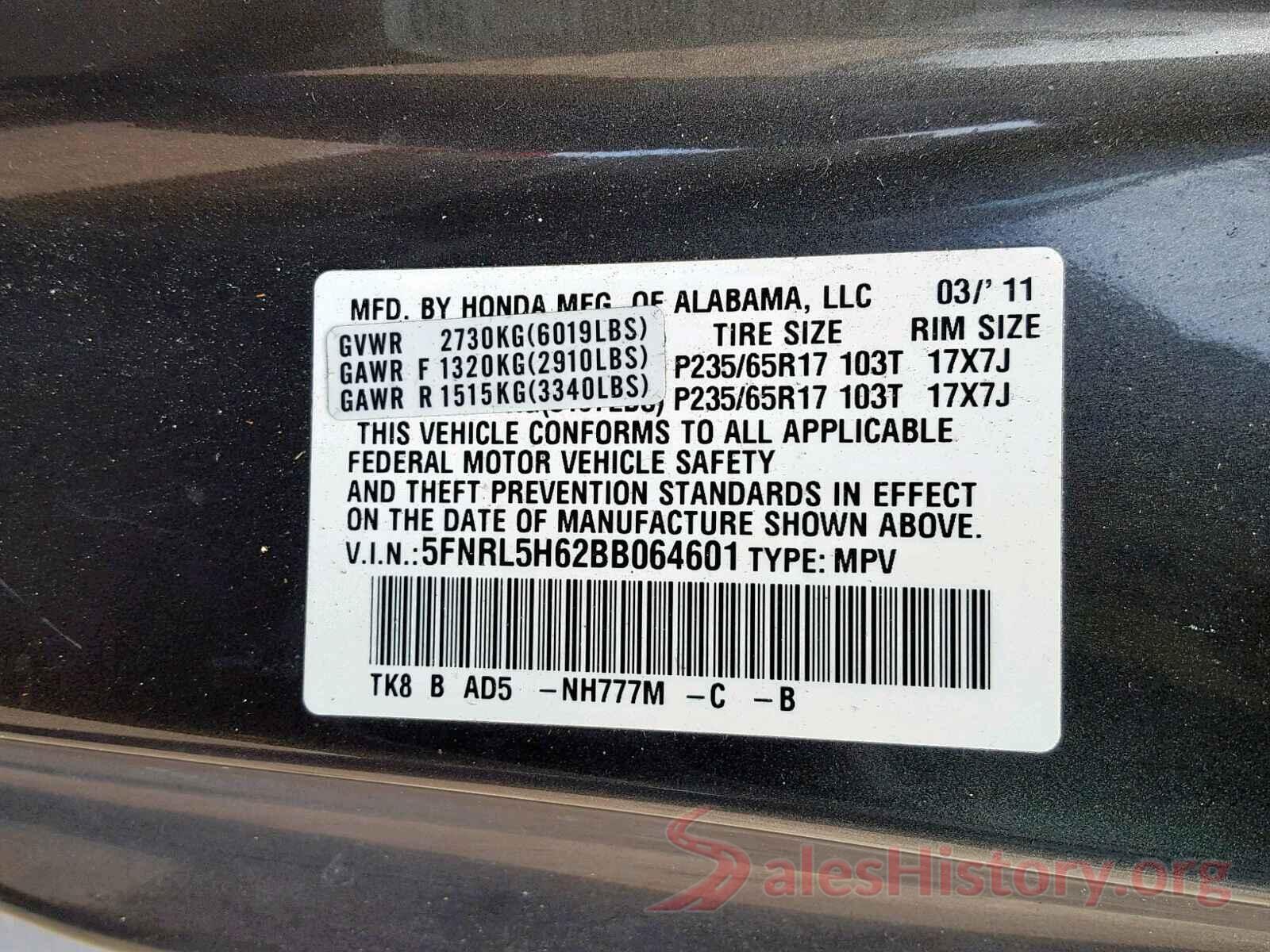 5FNRL5H62BB064601 2011 HONDA ODYSSEY EX