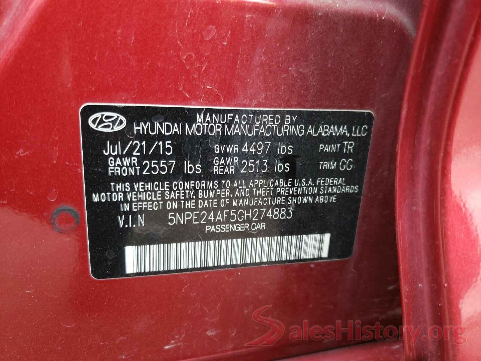 5NPE24AF5GH274883 2016 HYUNDAI SONATA