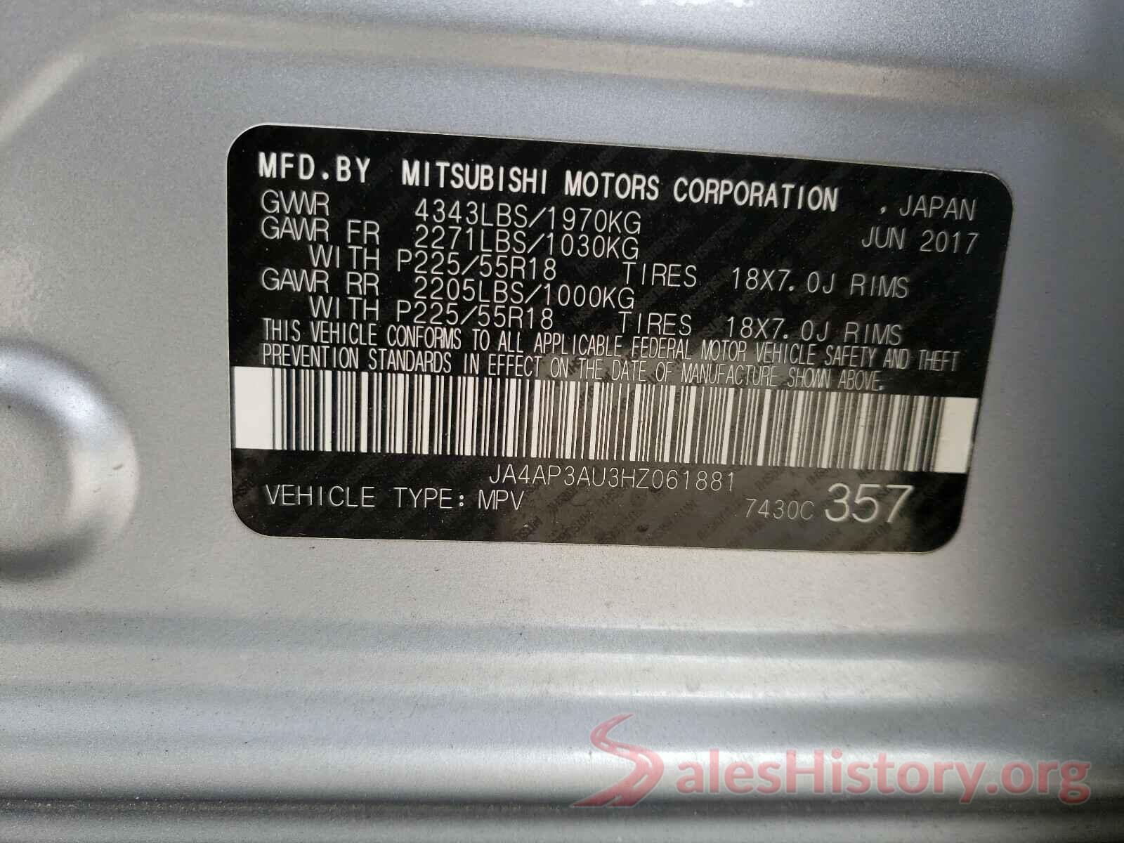 JA4AP3AU3HZ061881 2017 MITSUBISHI OUTLANDER