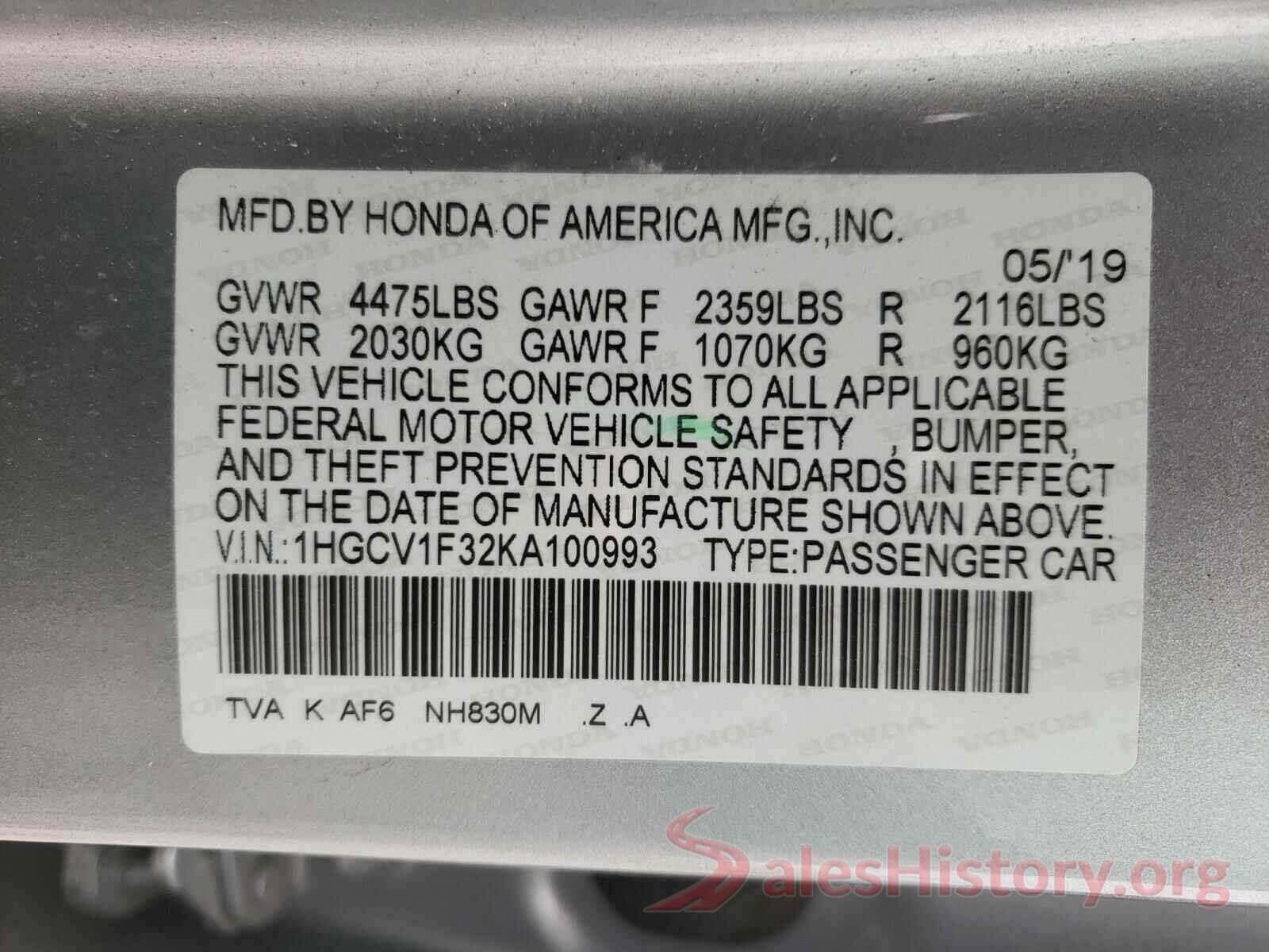 1HGCV1F32KA100993 2019 HONDA ACCORD