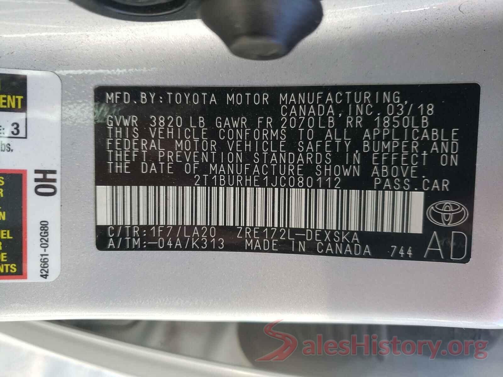 2T1BURHE1JC080112 2018 TOYOTA COROLLA