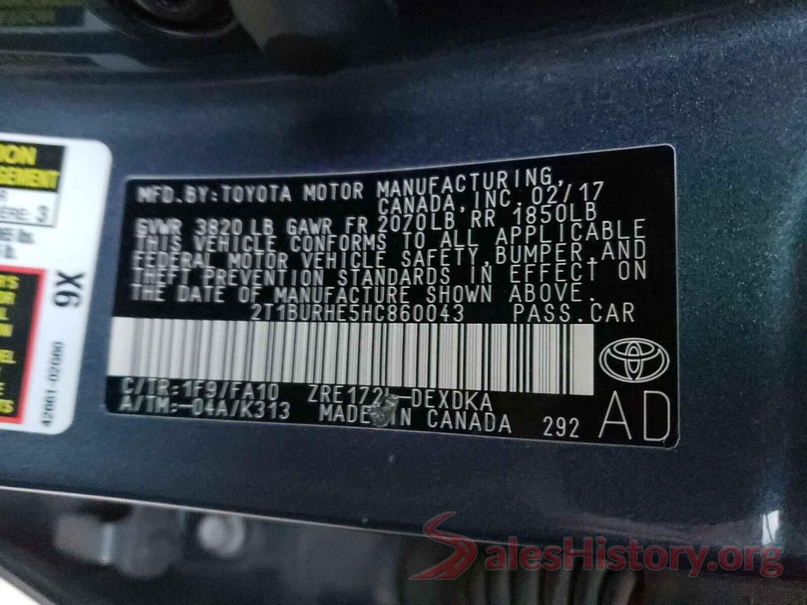 2T1BURHE5HC860043 2017 TOYOTA COROLLA