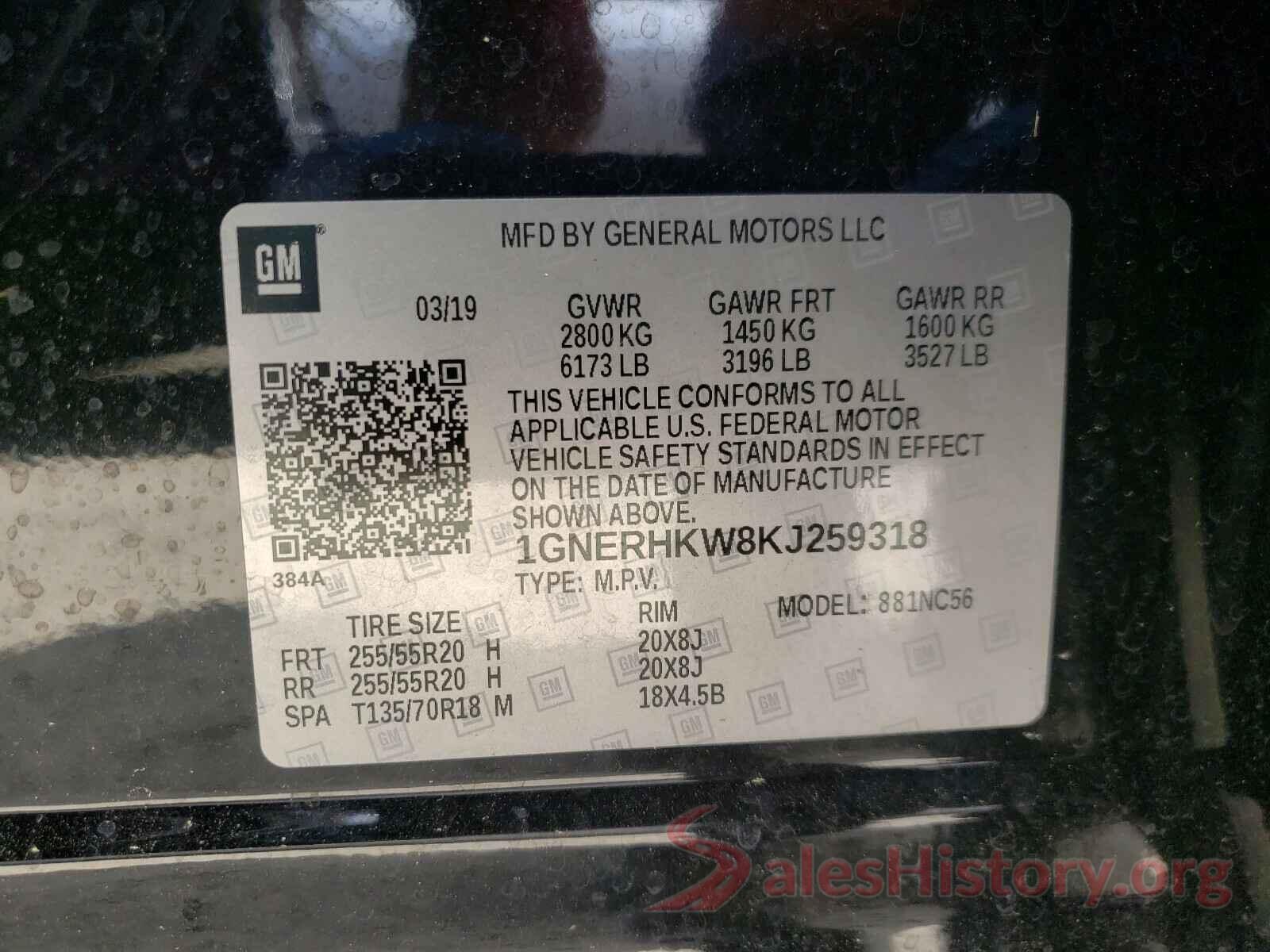 1GNERHKW8KJ259318 2019 CHEVROLET TRAVERSE