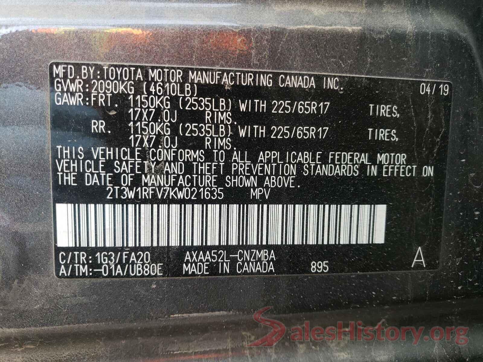 2T3W1RFV7KW021635 2019 TOYOTA RAV4