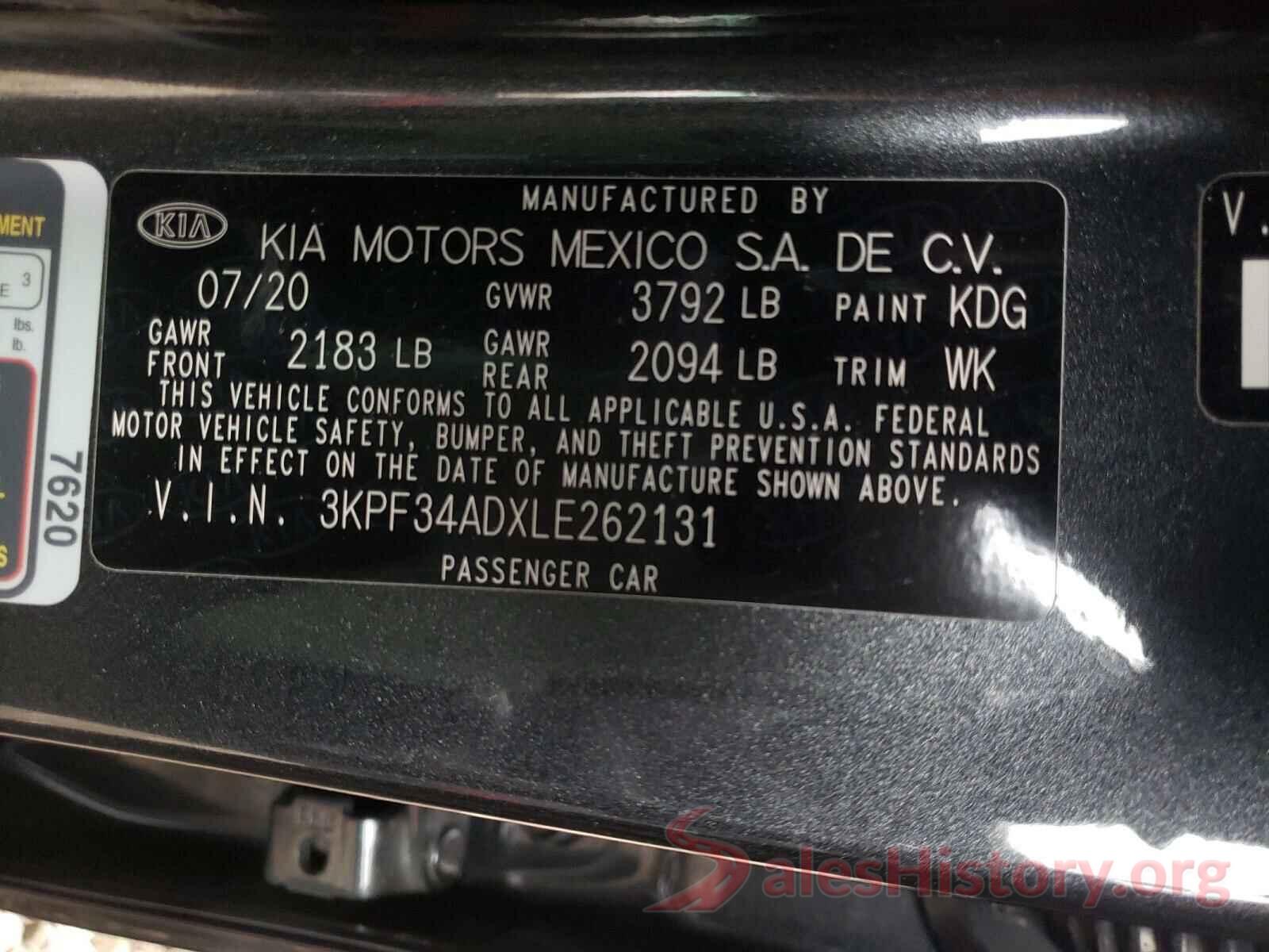 3KPF34ADXLE262131 2020 KIA FORTE