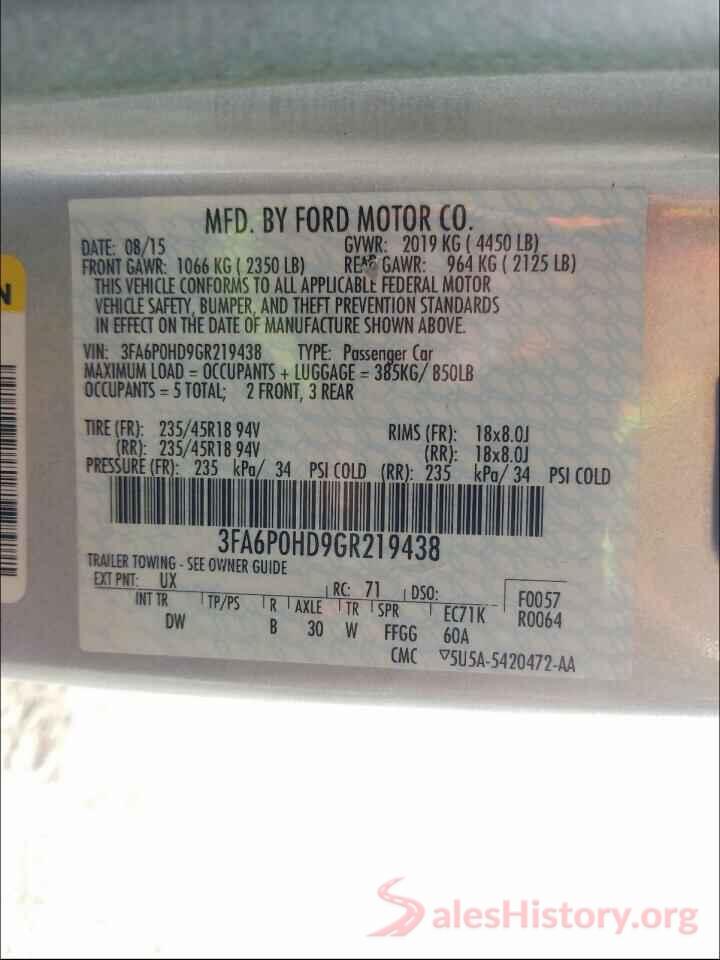 3FA6P0HD9GR219438 2016 FORD FUSION