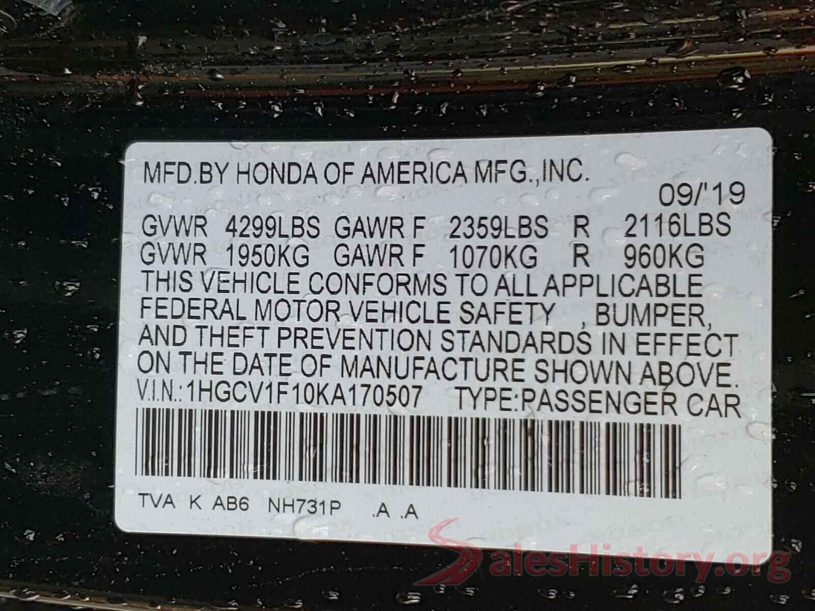 1HGCV1F10KA170507 2019 HONDA ACCORD