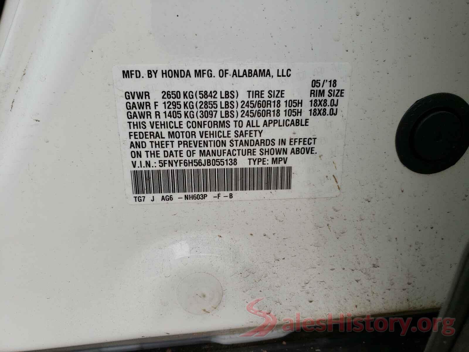 5FNYF6H56JB055138 2018 HONDA PILOT