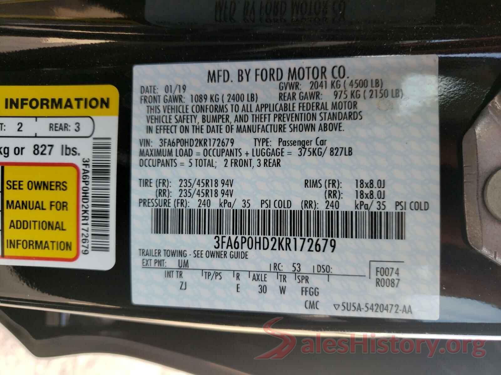 3FA6P0HD2KR172679 2019 FORD FUSION