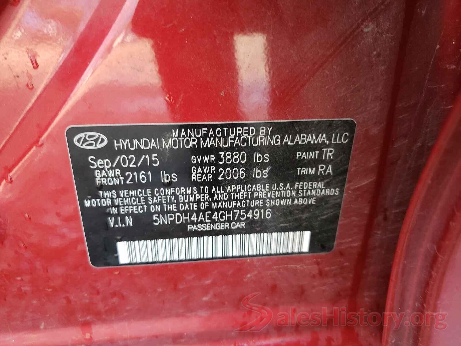 5NPDH4AE4GH754916 2016 HYUNDAI ELANTRA