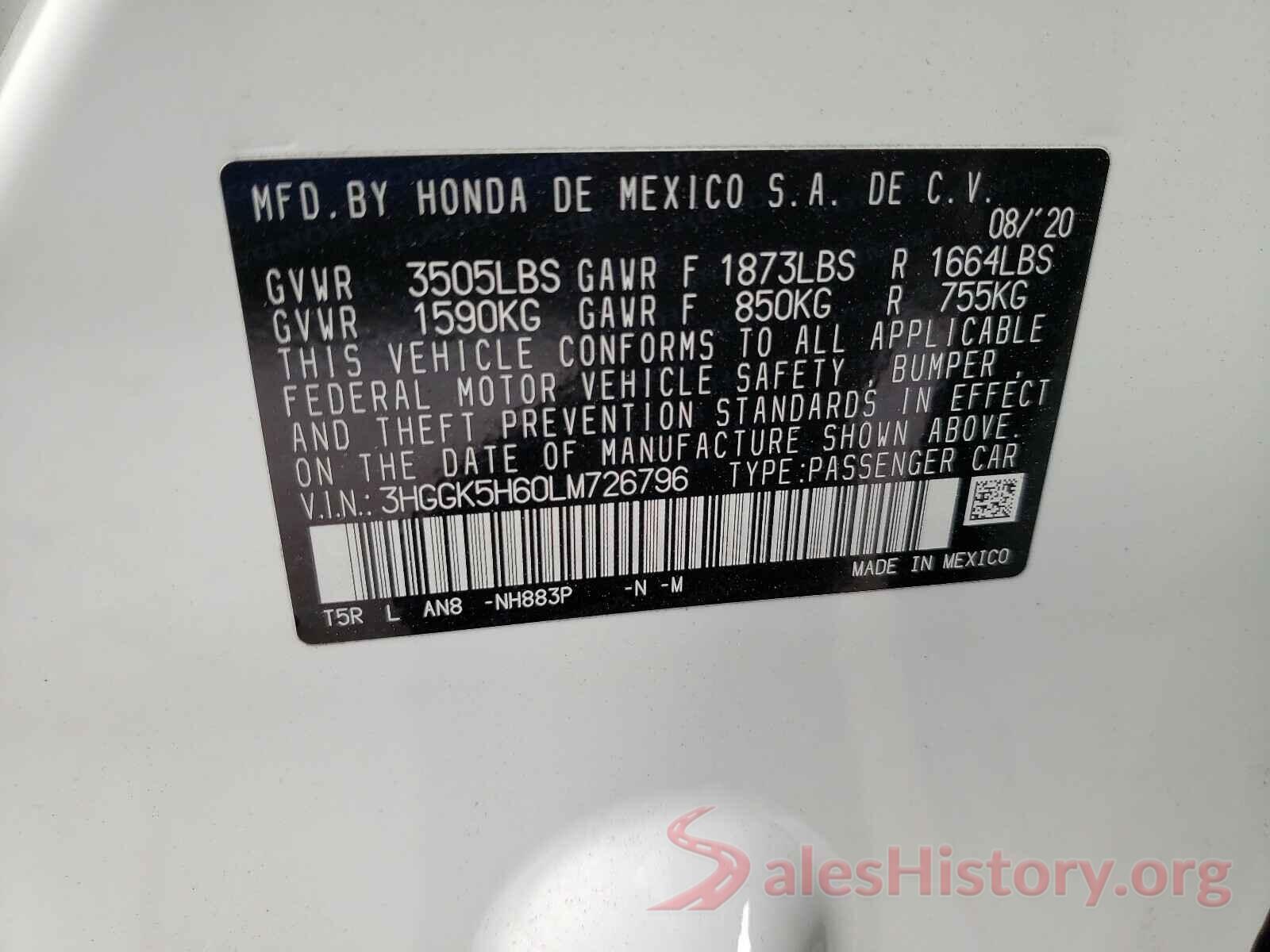 3HGGK5H60LM726796 2020 HONDA FIT