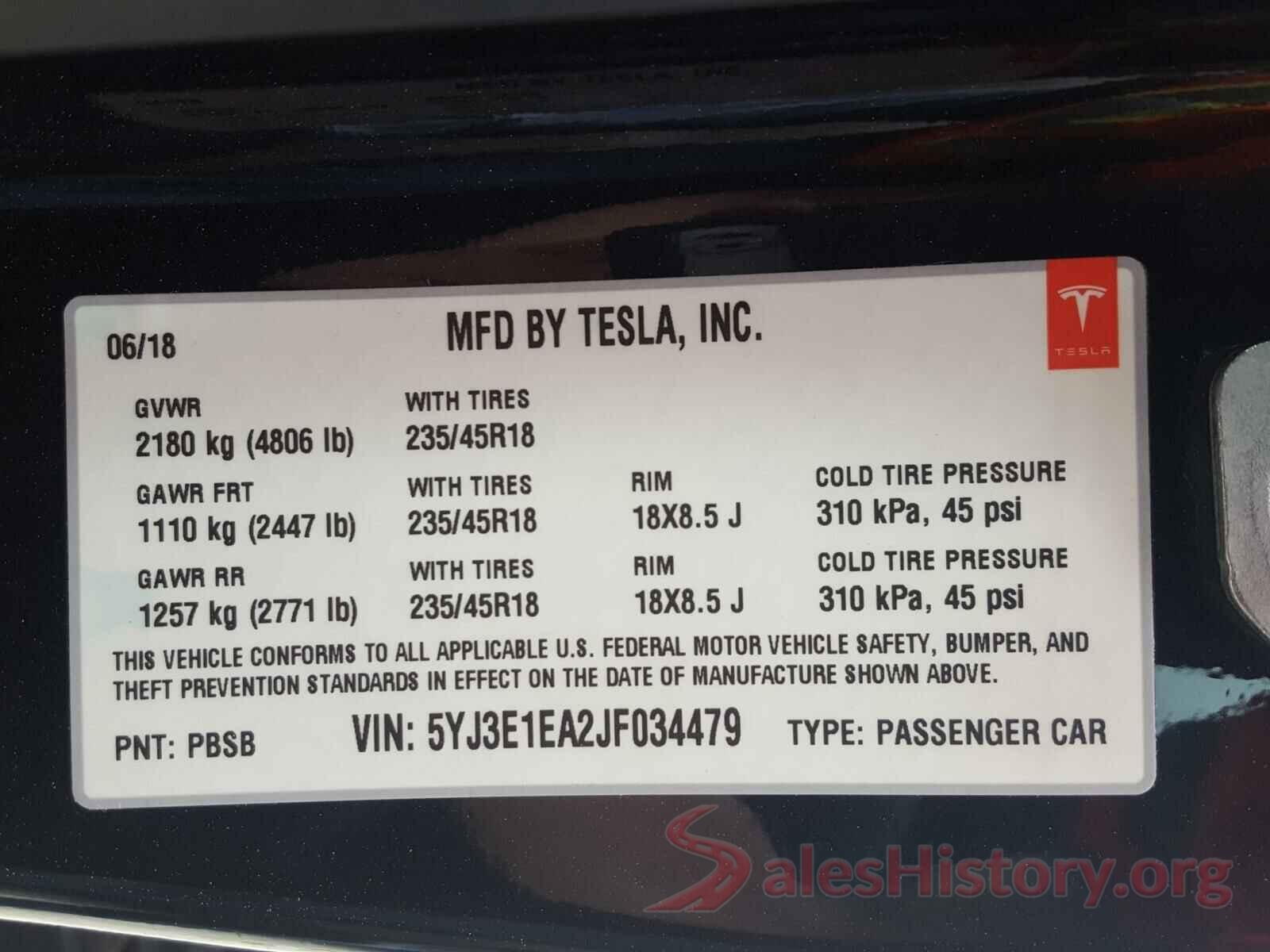 5YJ3E1EA2JF034479 2018 TESLA MODEL 3