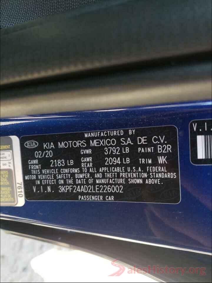 3KPF24AD2LE226002 2020 KIA FORTE