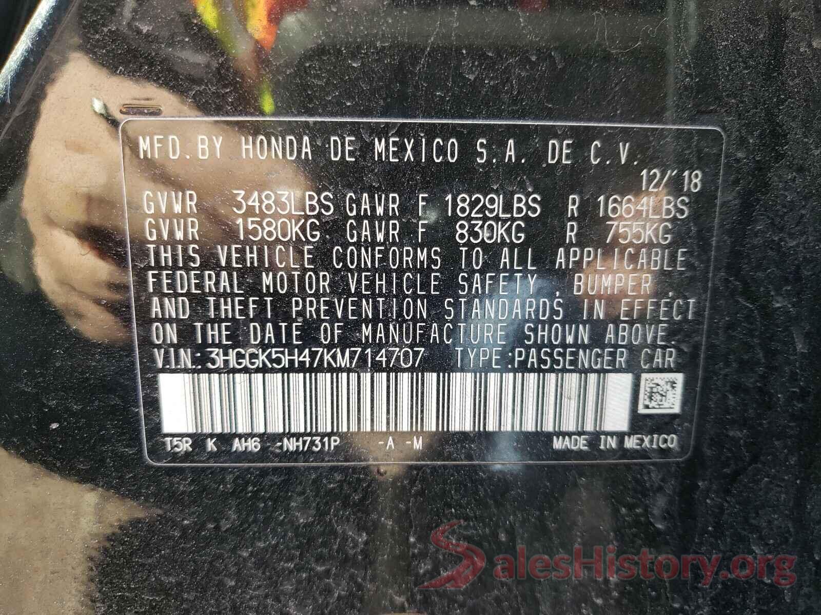 3HGGK5H47KM714707 2019 HONDA FIT