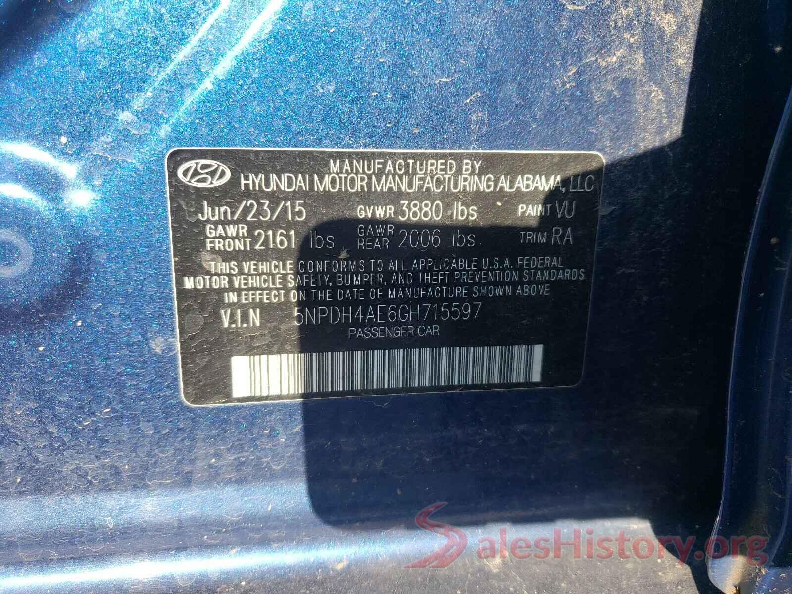 5NPDH4AE6GH715597 2016 HYUNDAI ELANTRA