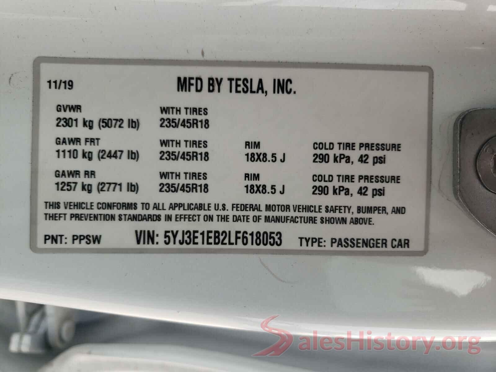 5YJ3E1EB2LF618053 2020 TESLA MODEL 3