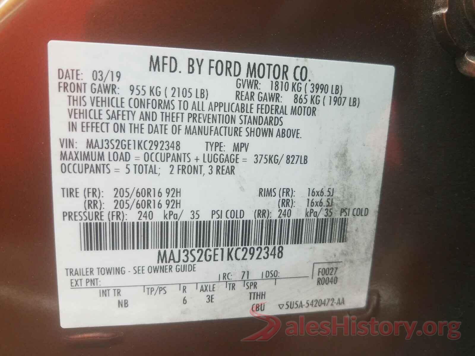 MAJ3S2GE1KC292348 2019 FORD ALL OTHER