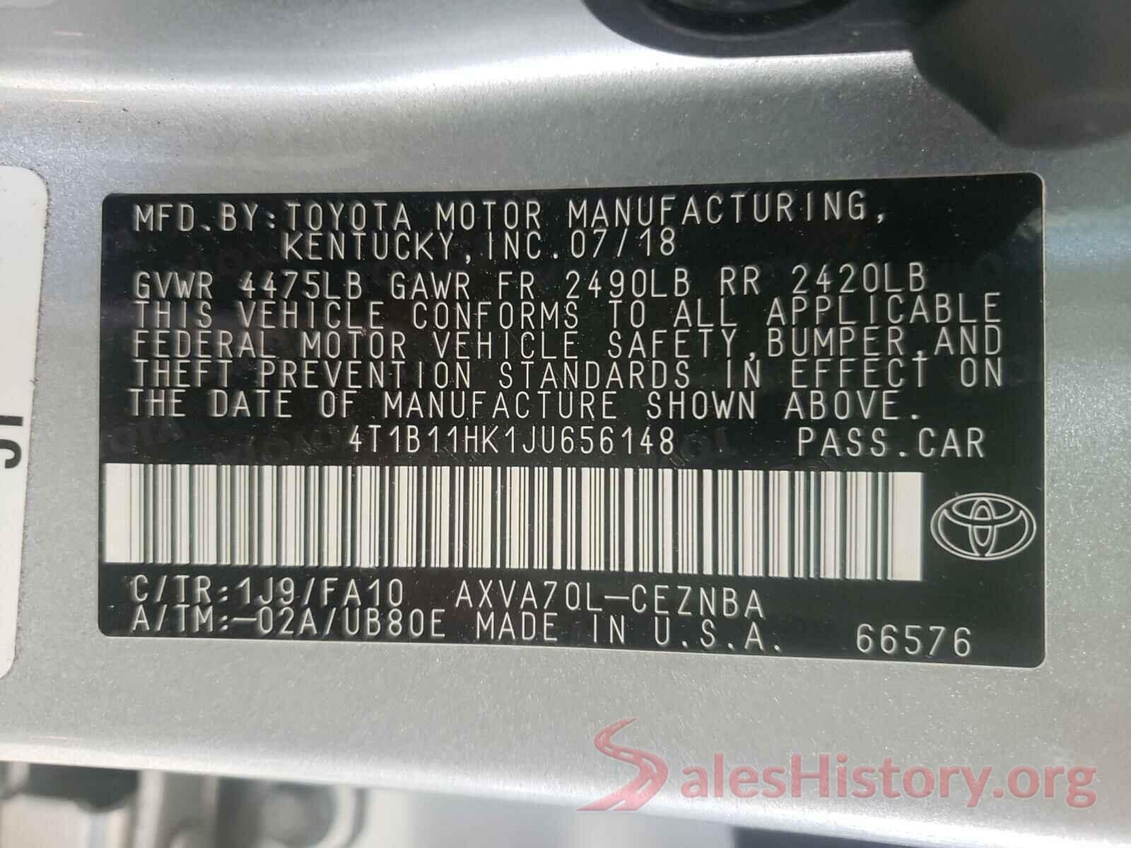 4T1B11HK1JU656148 2018 TOYOTA CAMRY