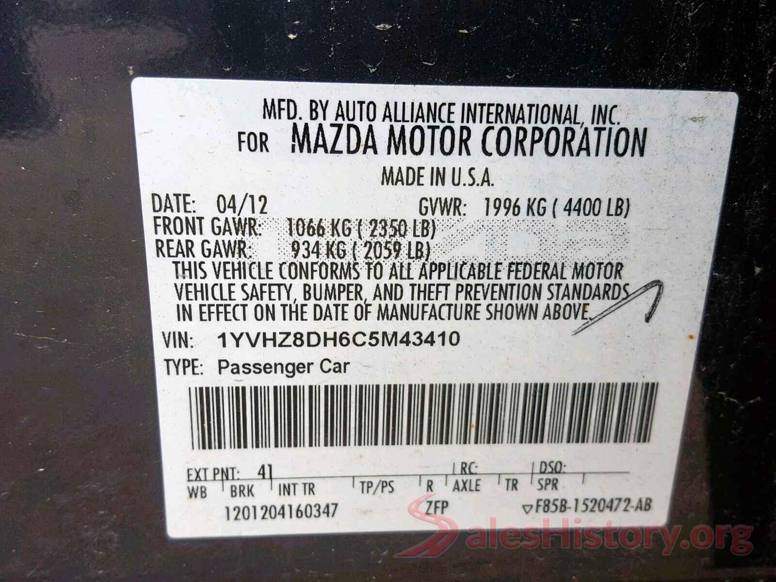 1YVHZ8DH6C5M43410 2012 MAZDA 6